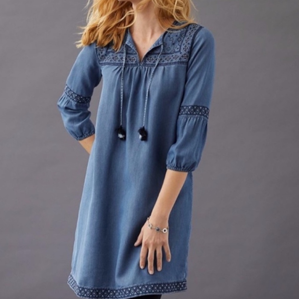 J. Jill Denim Tencel Lyocell Embroidered Tie Neck Midi Dress XS